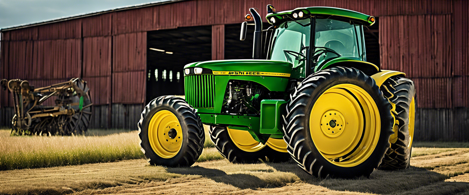 John Deere tractor in a field with tools for repair.